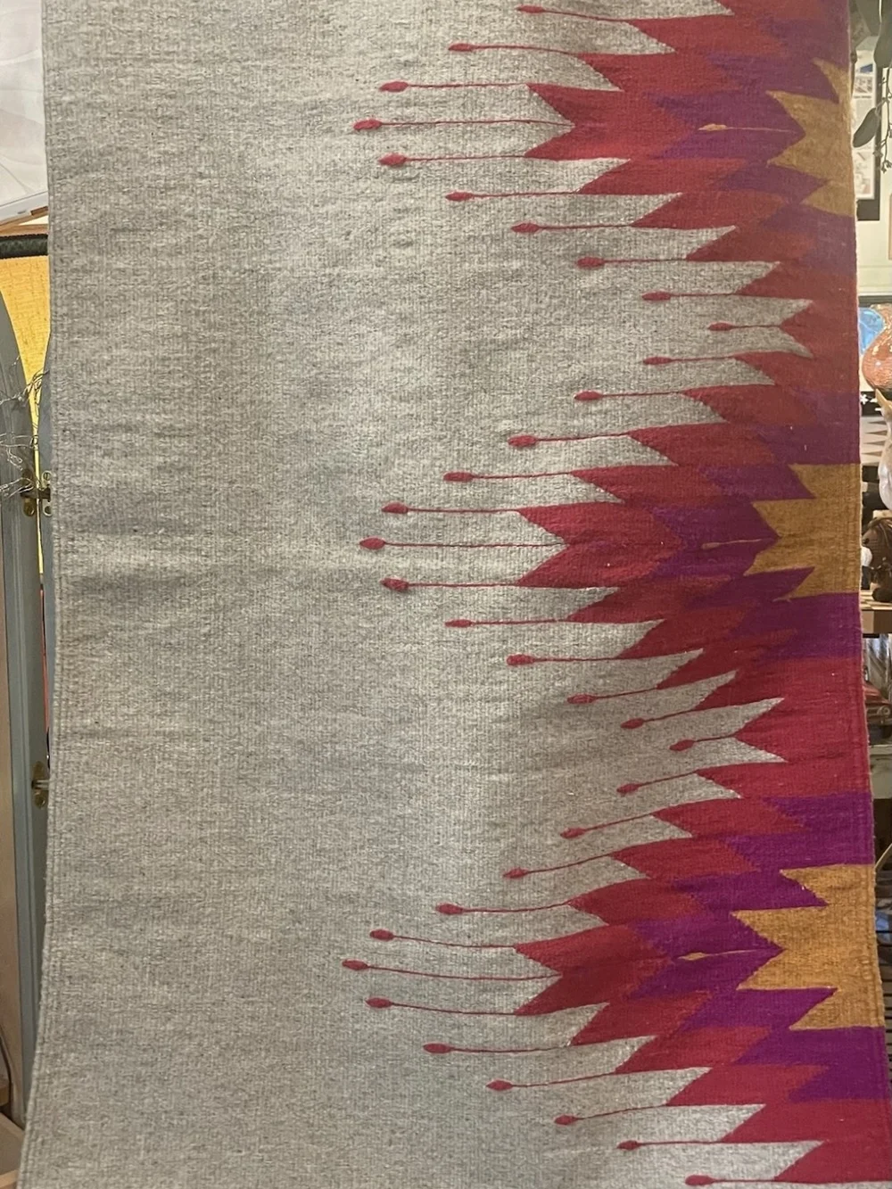 Gray Oaxacan Rug with Bold Pink, Purple & Mustard Geometric Edge